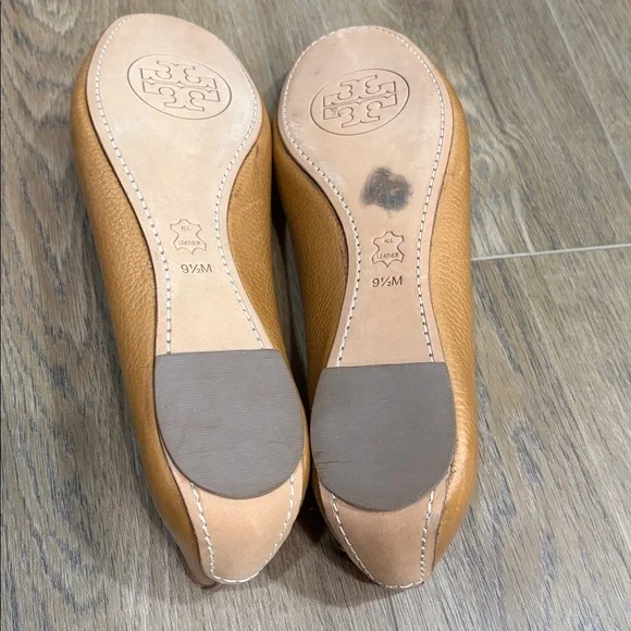 Tory Burch Royal Tan Pebbled Leather Peeptoe Ballet Flats Selma Gold NEW 9.5 - Picture 5 of 8